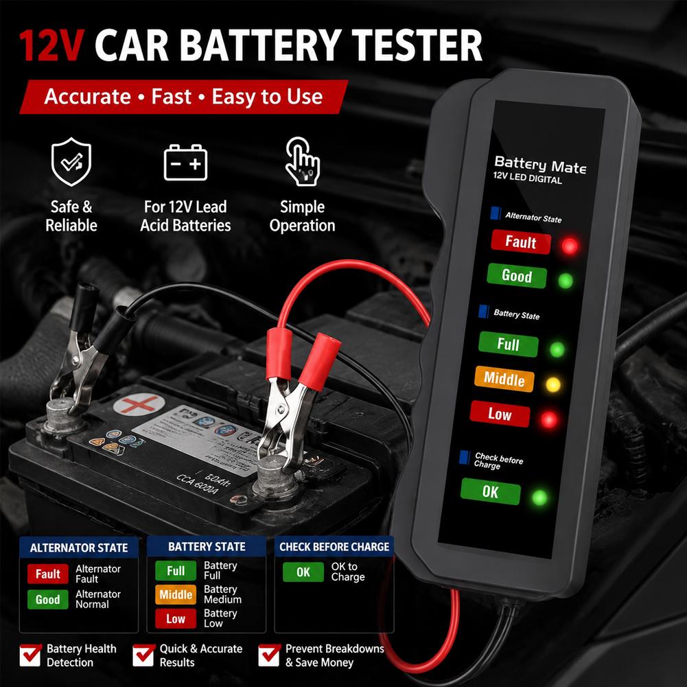 Alternator Tester Digital Diagnostic Tool - Тестер автомобильного аккумулятора 12В, цифровой тестер