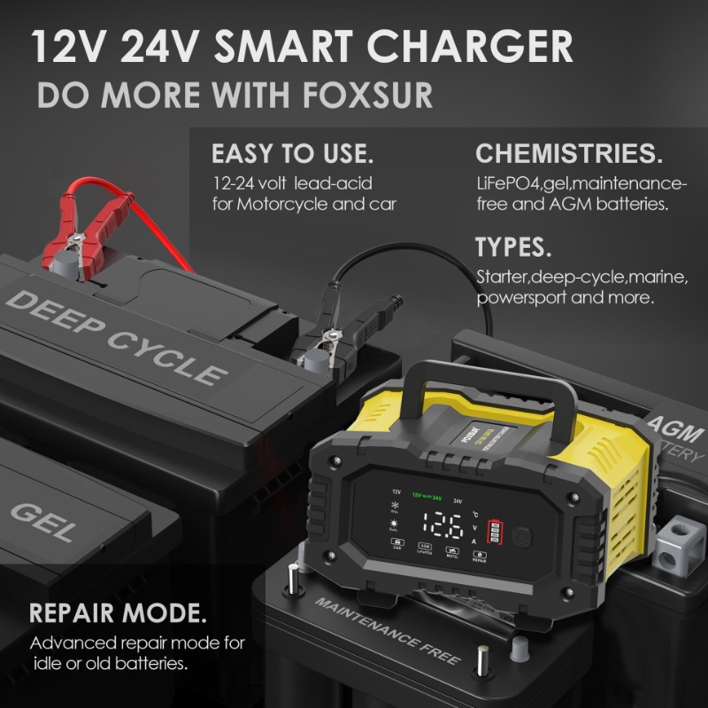 Зарядное устройство FOXSUR для – обзор и цена Smart Car Battery Charger 12V 24V 20A