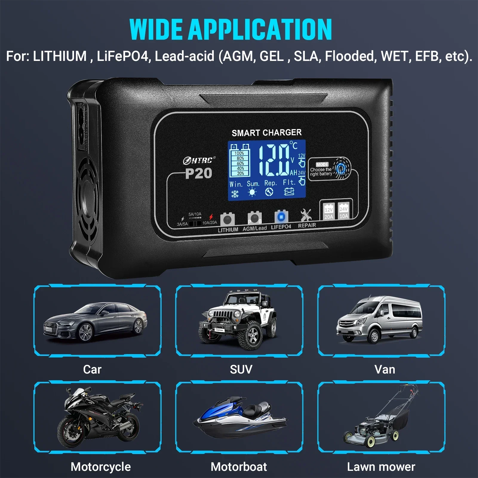 Умное зарядное устройство-подд – обзор и цена Smart Car Battery Charger 12V 24V 20A
